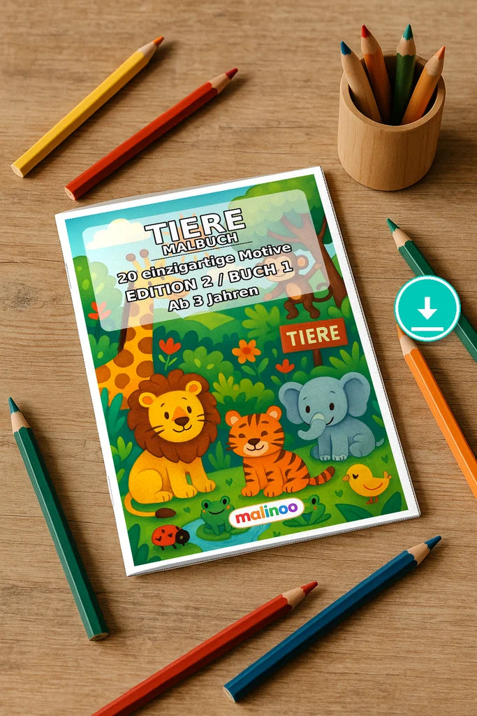 Tiere Malbuch 20 Ausmalbilder PDF Download – Mockup-Ansicht