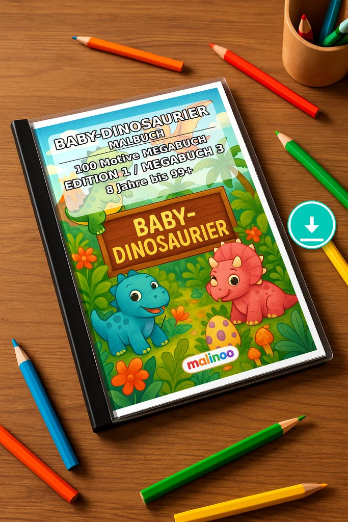 Dino-Babys Malbuch 100 Ausmalbilder PDF Download – Mockup-Ansicht
