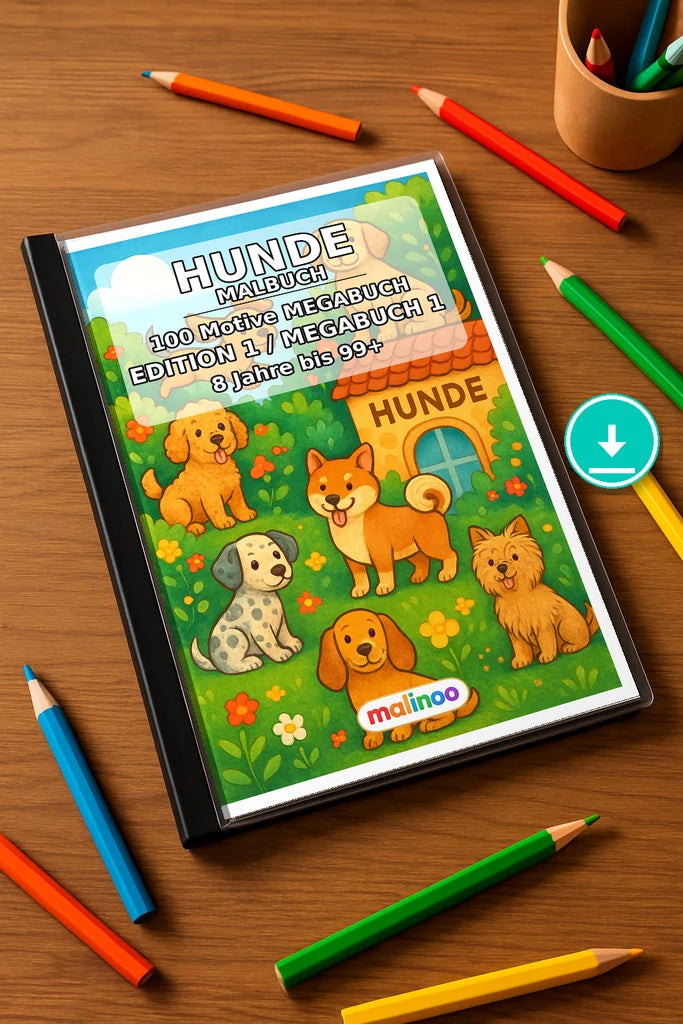 Hunde Malbuch 100 Ausmalbilder PDF Download – Mockup-Ansicht