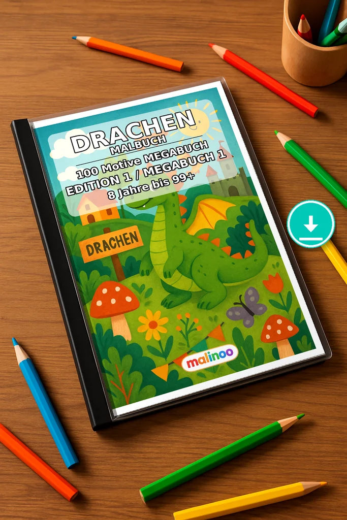 Drachen Malbuch 100 Ausmalbilder PDF Download – Mockup-Ansicht