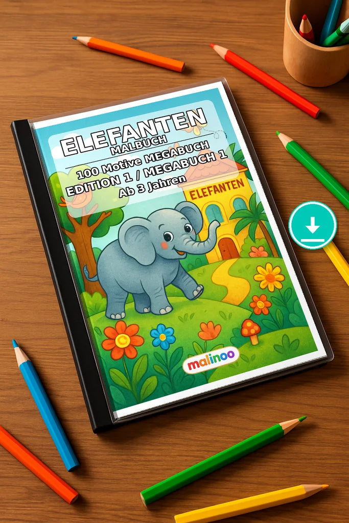 Elefanten Malbuch 100 Ausmalbilder PDF Download – Mockup-Ansicht