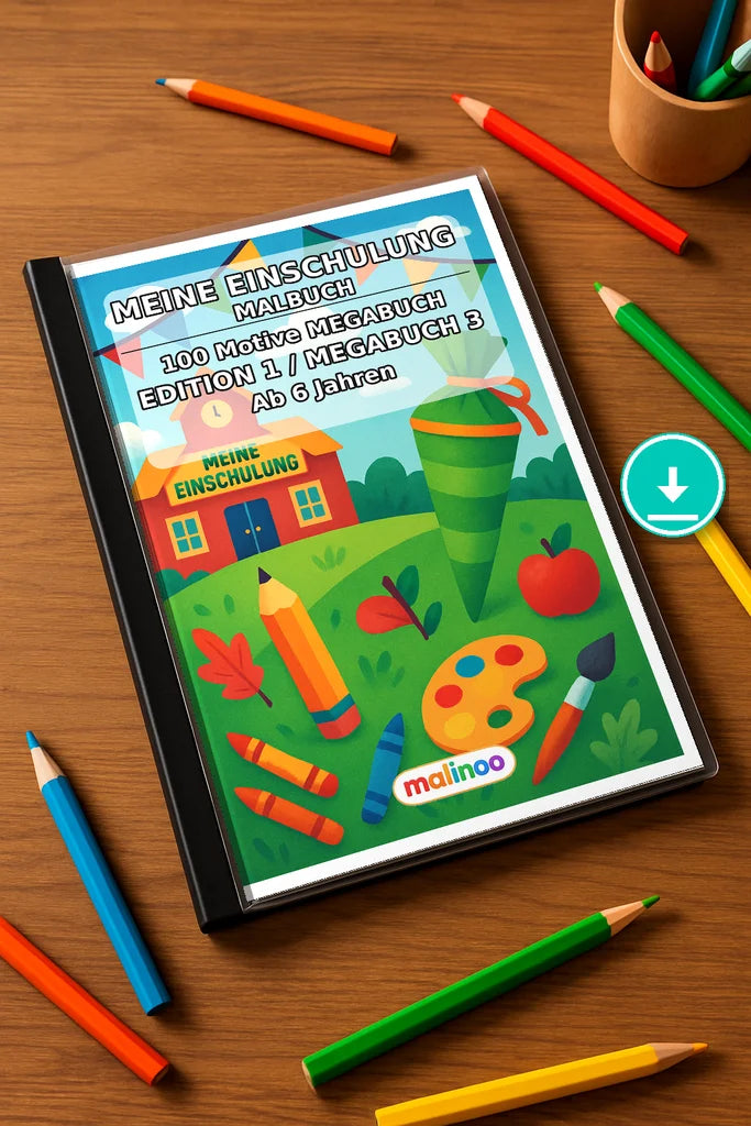 Meine Einschulung Malbuch 100 Ausmalbilder PDF Download – Mockup-Ansicht