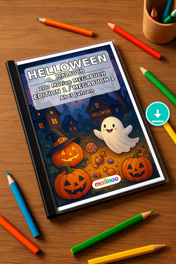 Halloween Malbuch 100 Ausmalbilder PDF Download – Mockup-Ansicht
