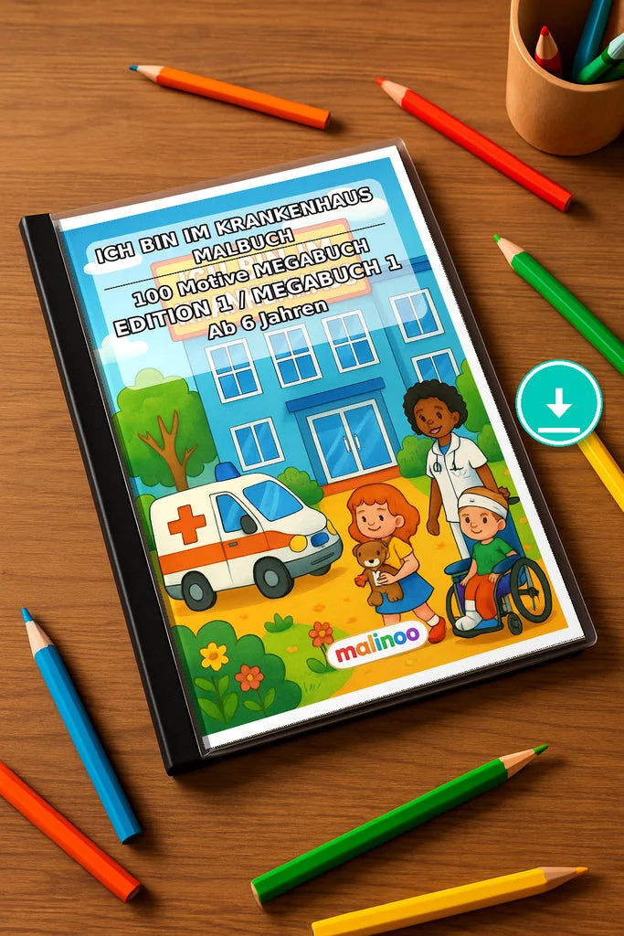 Ich bin im Krankenhaus Malbuch 100 Ausmalbilder PDF Download – Mockup-Ansicht
