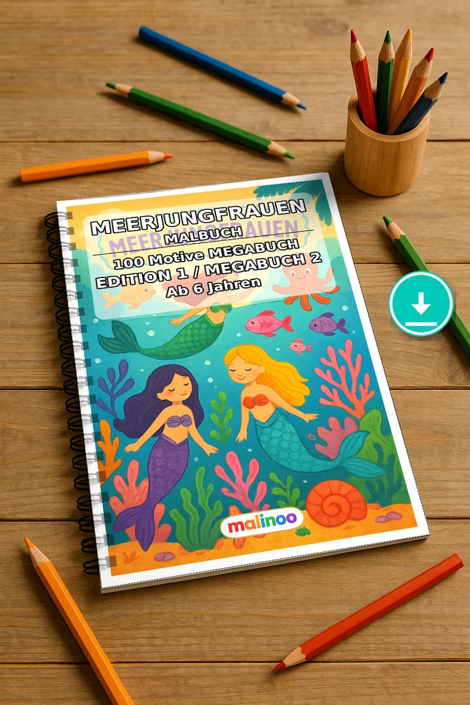Meerjungfrauen Malbuch 100 Ausmalbilder PDF Download – Mockup-Ansicht