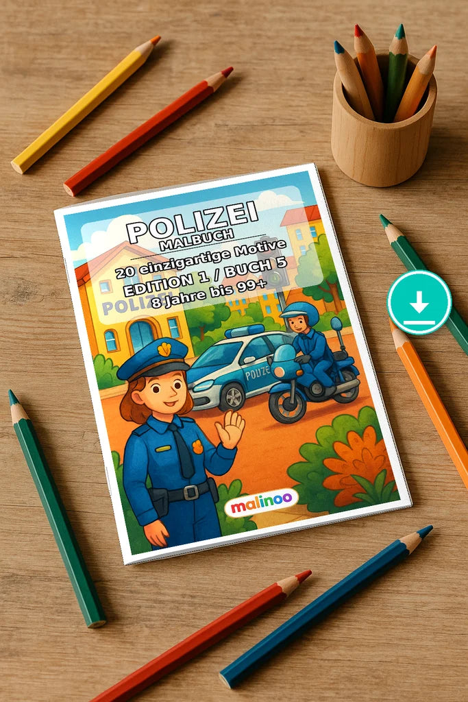 Polizei Malbuch 20 Ausmalbilder PDF Download – Mockup-Ansicht