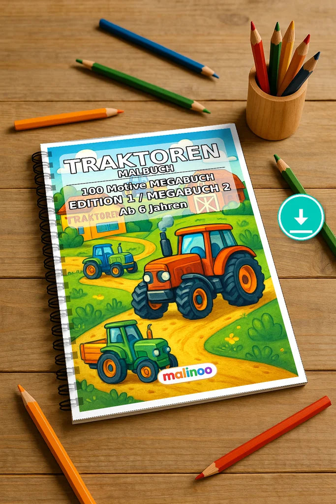 Traktoren Malbuch 100 Ausmalbilder PDF Download – Mockup-Ansicht