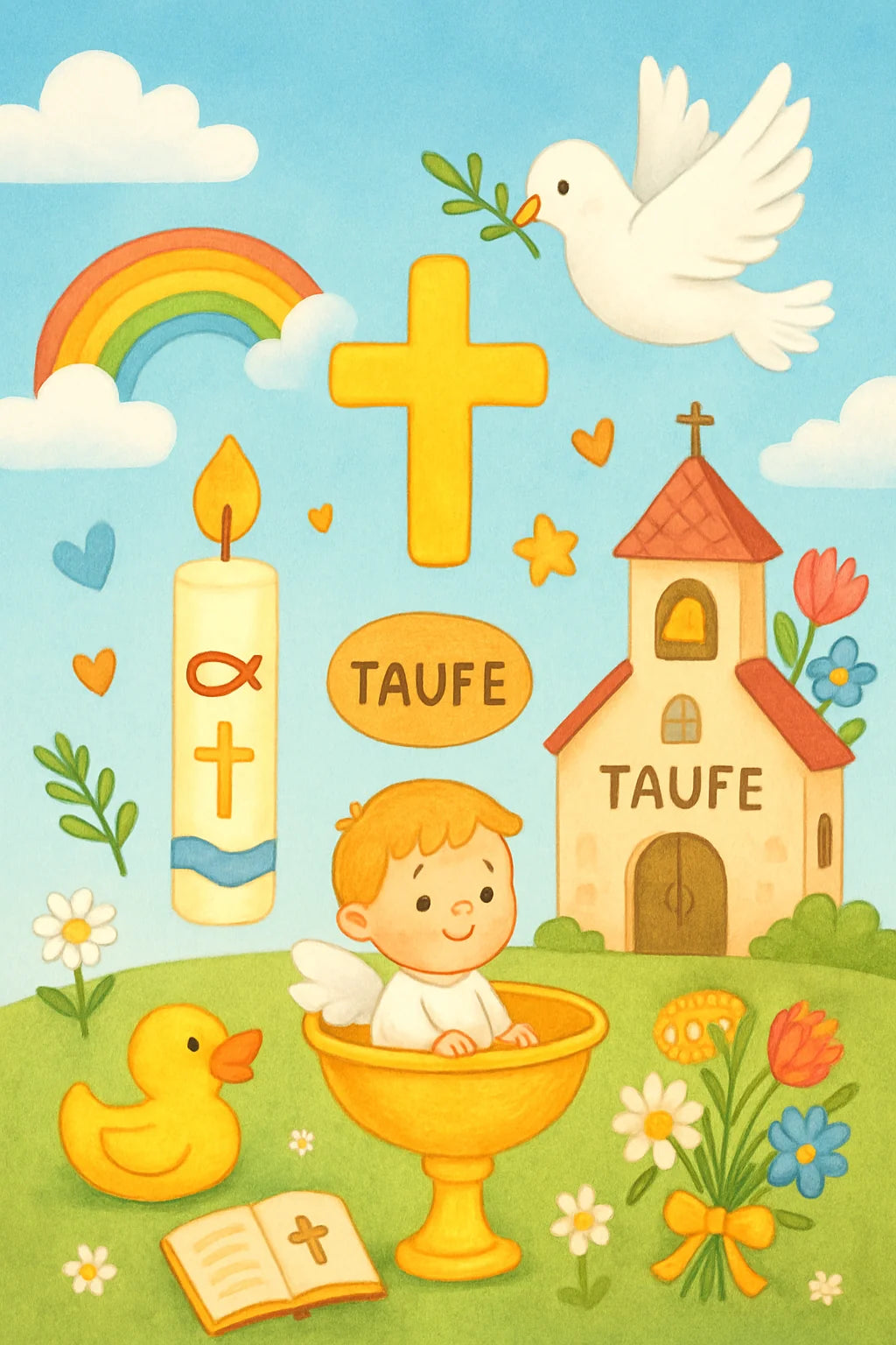 Kinderfreundliche Taufe-Ausmalbilder mit Kerze, Taube, Engel und festlichen Motiven
