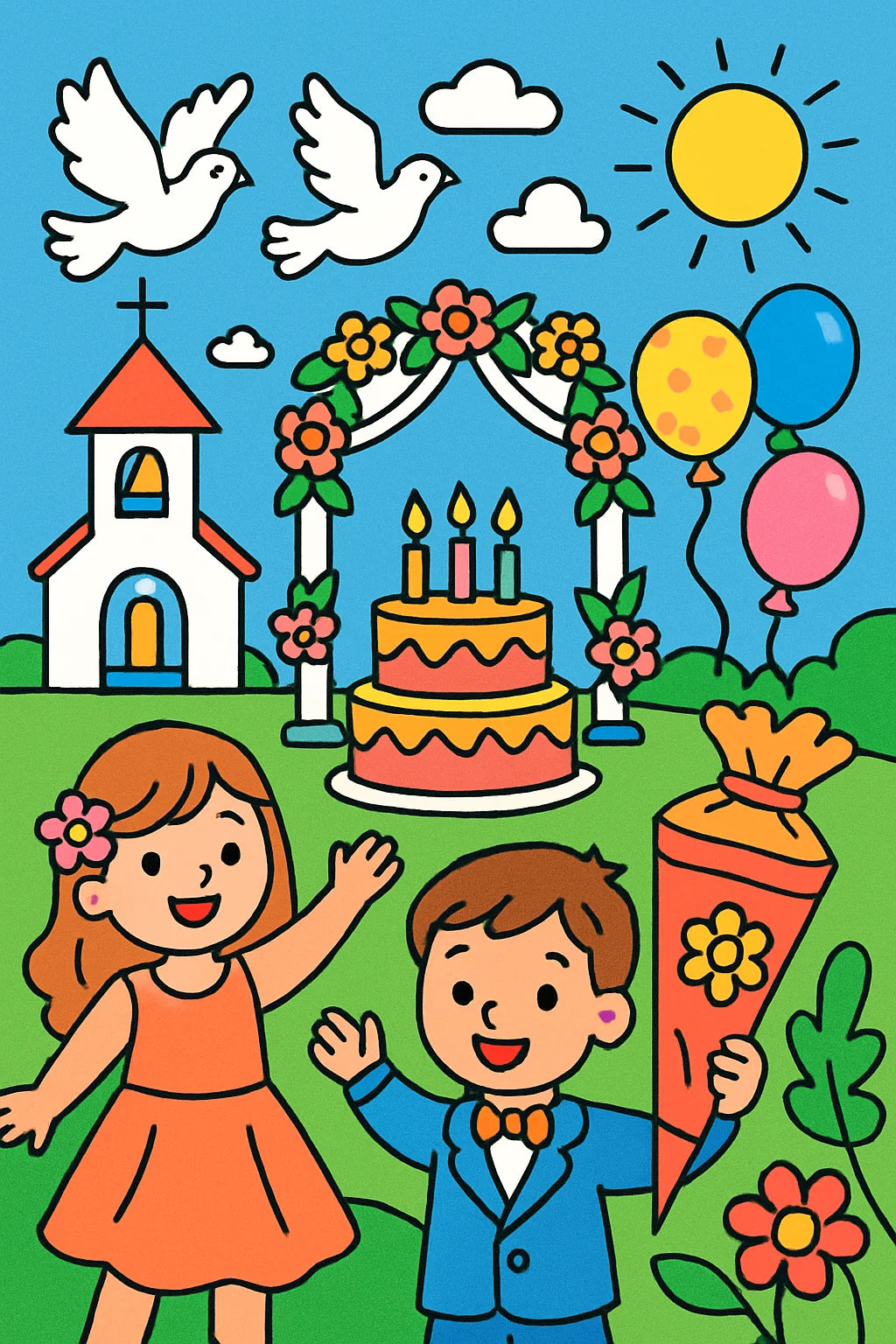 Festliche Anlässe mit Kindern, Kirche, Hochzeit, Geburtstag und Einschulung als Ausmalmotiv