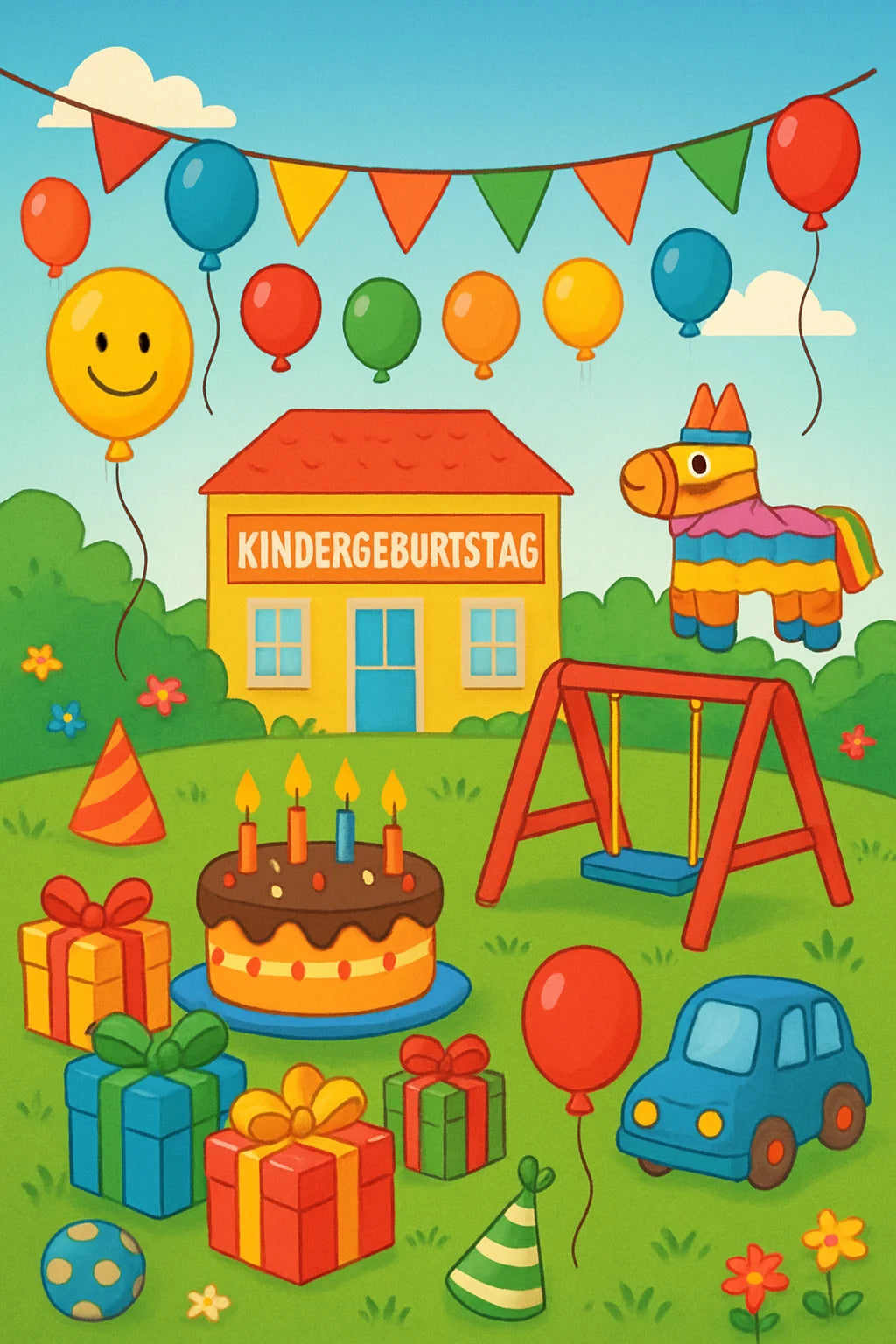 Kinder malen Geburtstagstorte, Luftballons und Geschenke auf fröhlichen Ausmalbildern