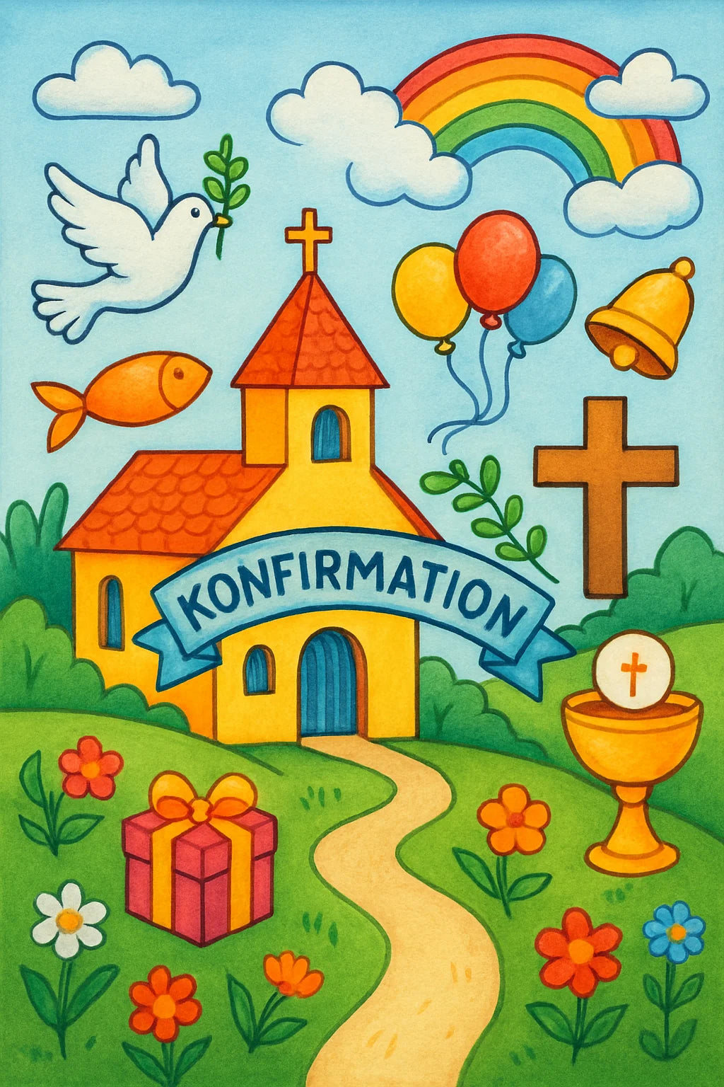 Kinder malen festliche Konfirmation-Motive mit Kirche, Kreuz, Kerze und Blumen aus