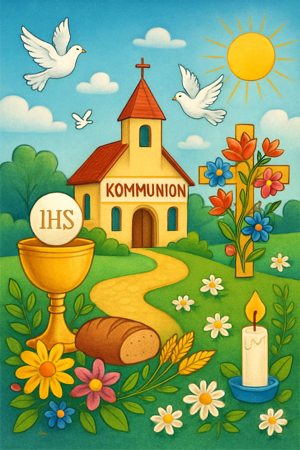 Kommunion-Ausmalbild mit Kerze, Kelch, Kreuz und festlichen Symbolen für Kinder