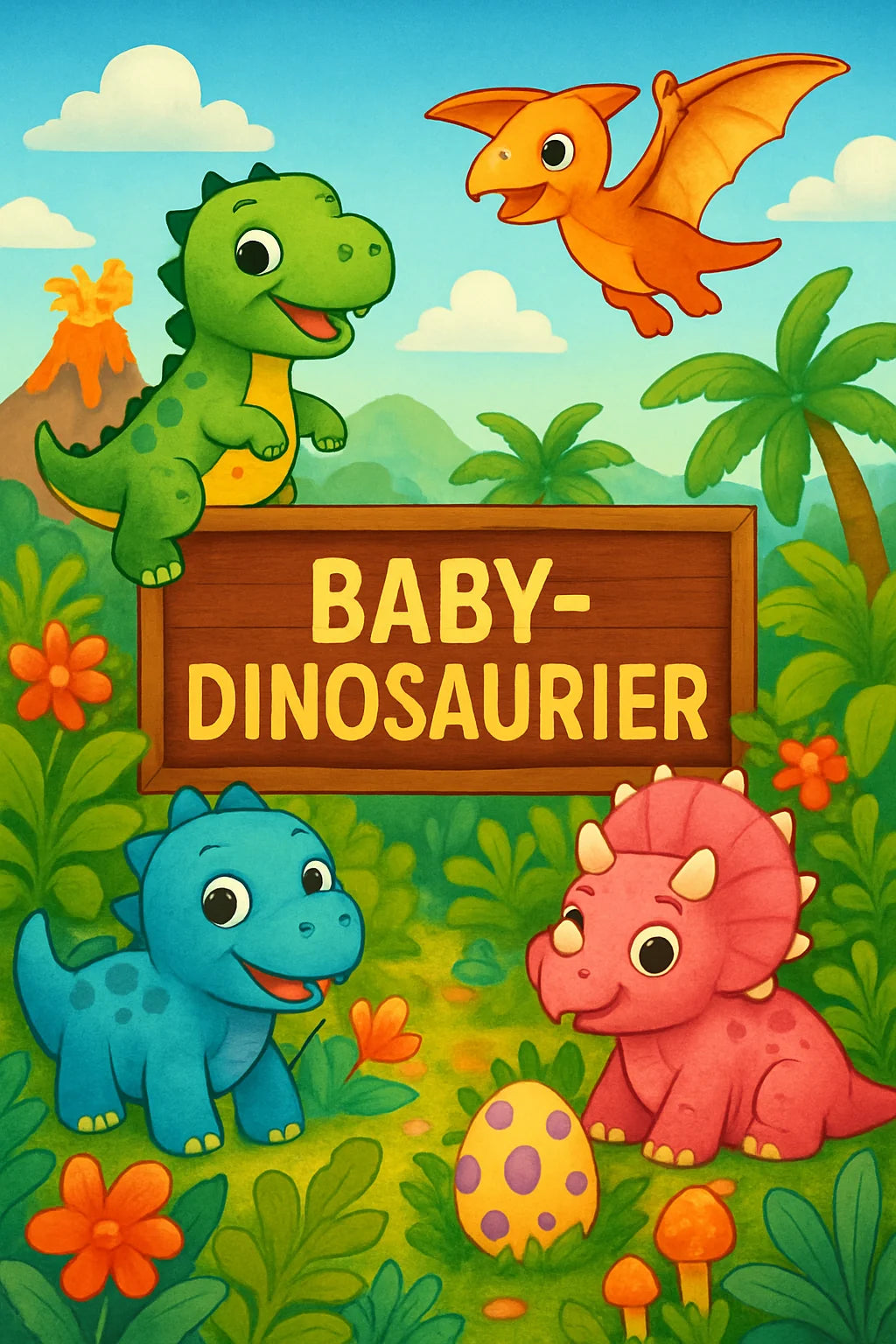 Niedliche Dino-Babys mit Eiern und Pflanzen als kindgerechte Ausmalmotive
