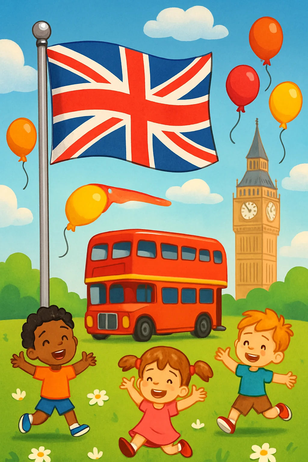 English Products – cheerful children's illustration with a waving Union Jack flag