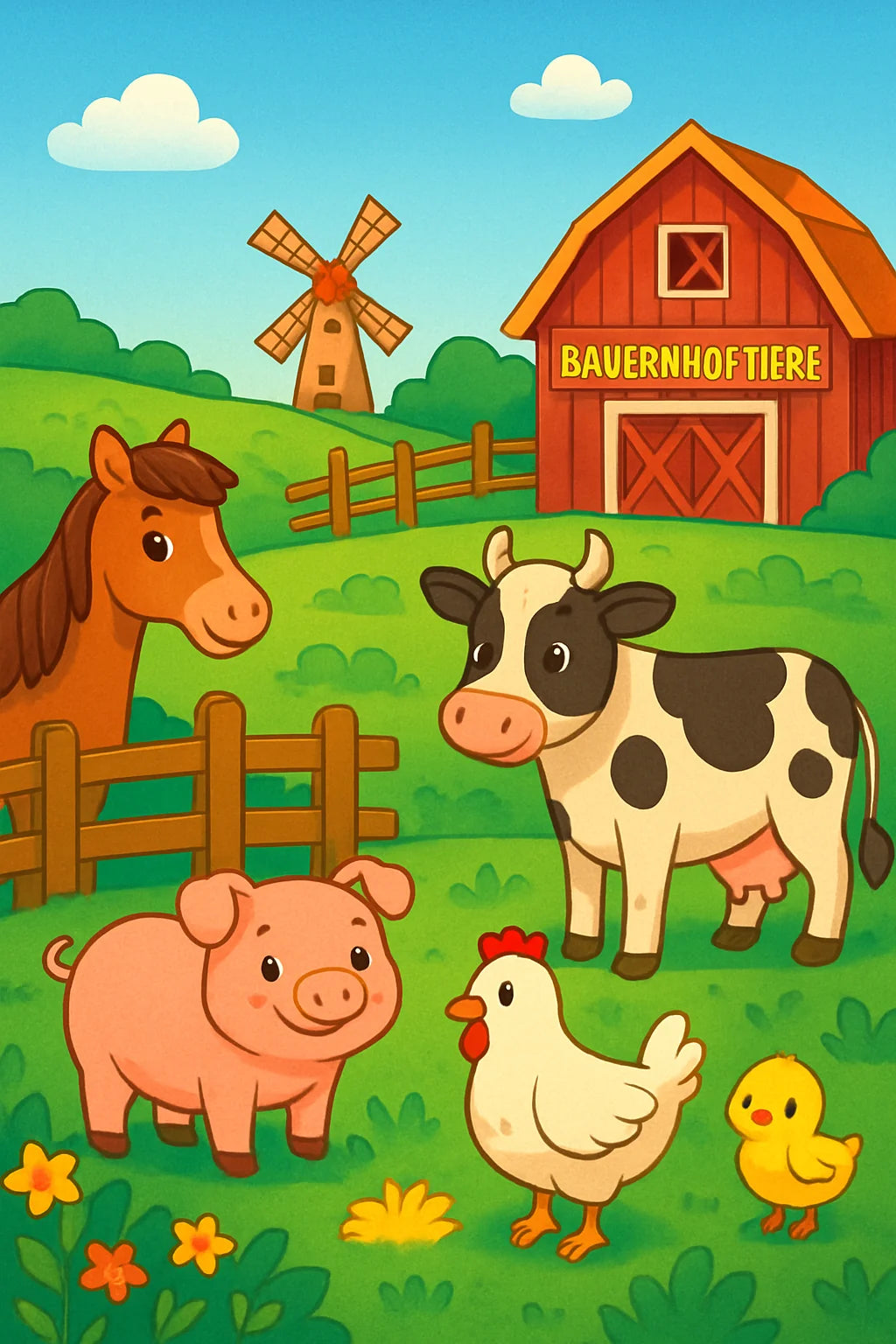 Fröhliche Bauernhoftiere wie Kuh, Pferd, Schwein und Huhn auf einem kinderfreundlichen Bauernhof