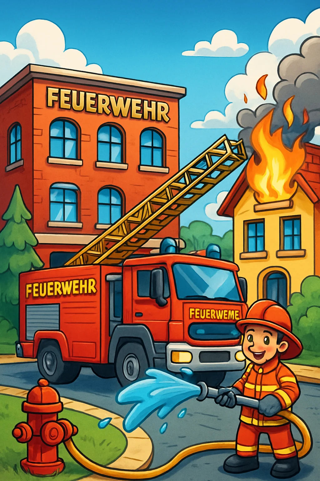 Comic-Feuerwehr mit lachenden Feuerwehrleuten, Einsatzwagen und kindgerechten Ausmalmotiven