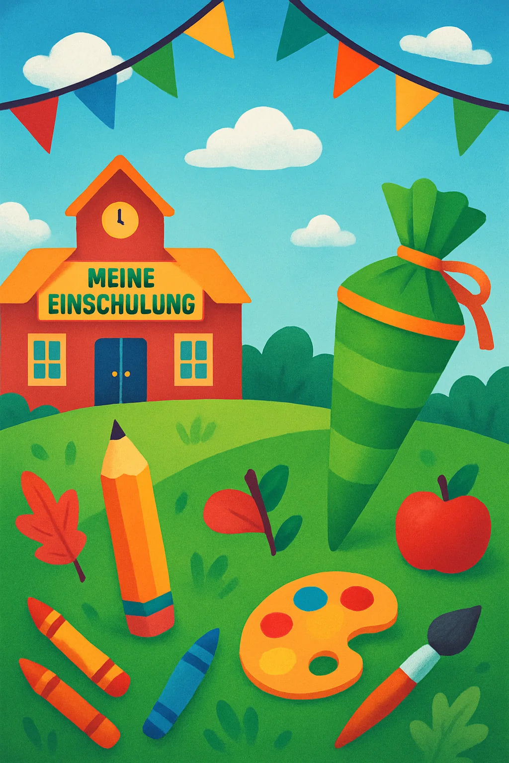 Kinder malen Einschulungsbilder mit Schultüte, Schulranzen, ABC und bunten Stiften