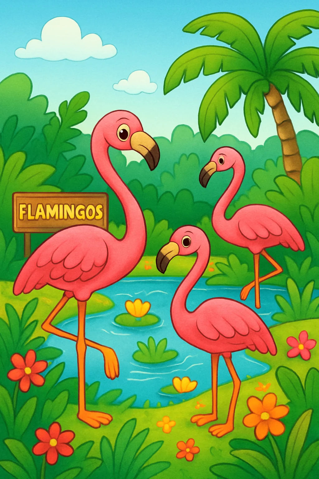 Fröhliche Flamingos zum Ausmalen mit tropischen Pflanzen und kindgerechten Motiven