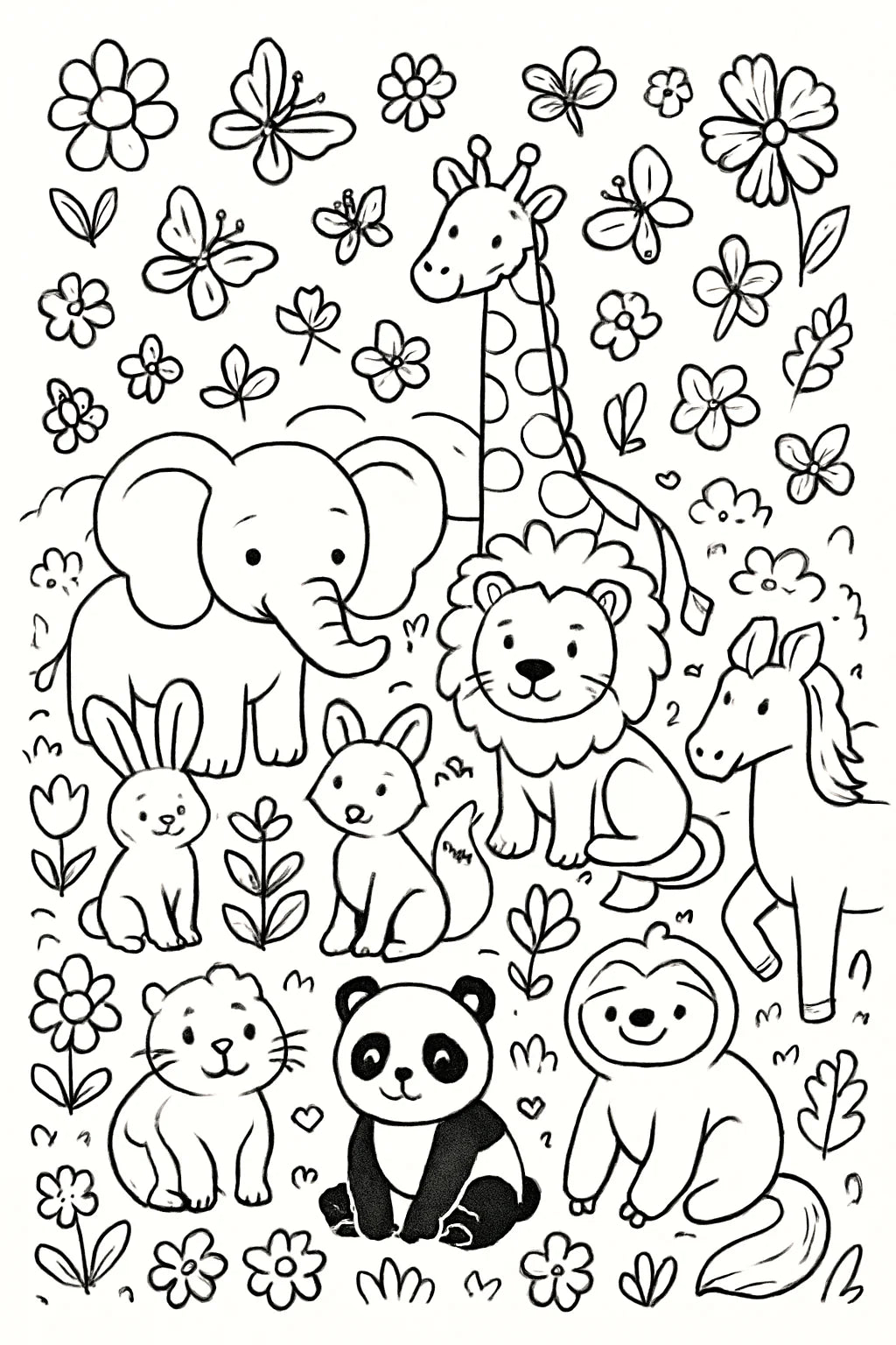 Fröhliche Flora-und-Fauna-Szene mit Blumen, Schmetterlingen und vielen freundlichen Tieren