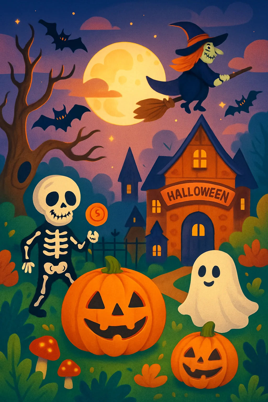 Kinderfreundliche Halloween-Motive mit Kürbis, Geist, Hexe und Fledermäusen zum Ausmalen