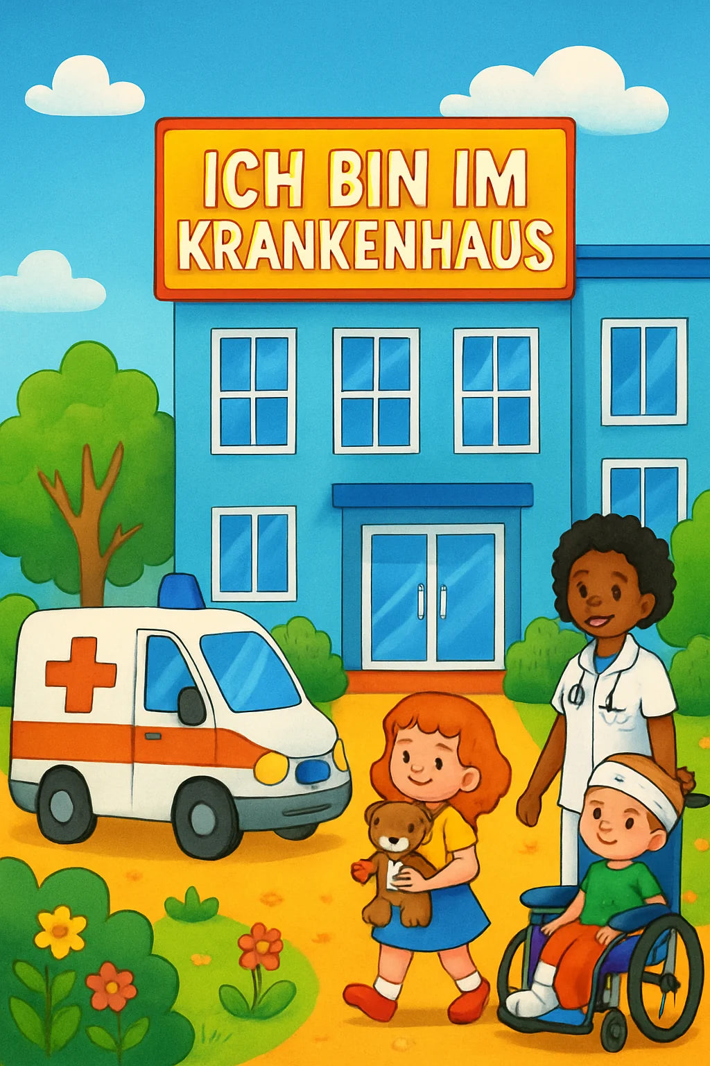 Kind malt Krankenhaus-Ausmalbild mit Ärztin, Krankenbett und Kuscheltier