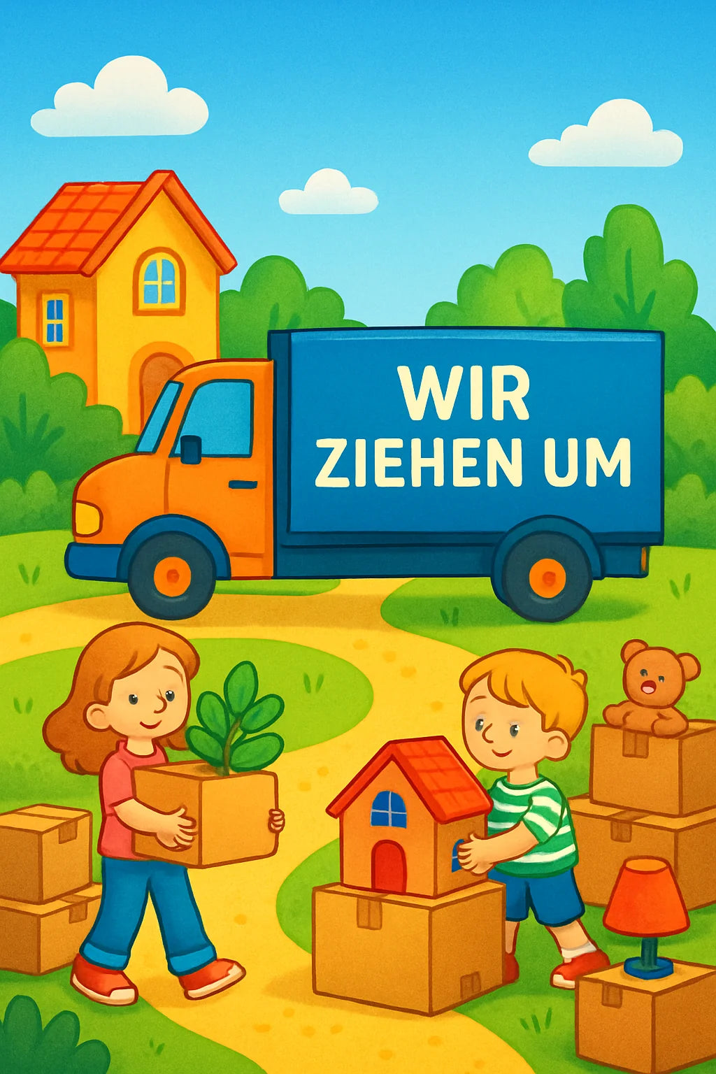 Kinder malen Umzugskartons, Möbel und ein neues Zuhause zum Thema Wir ziehen um