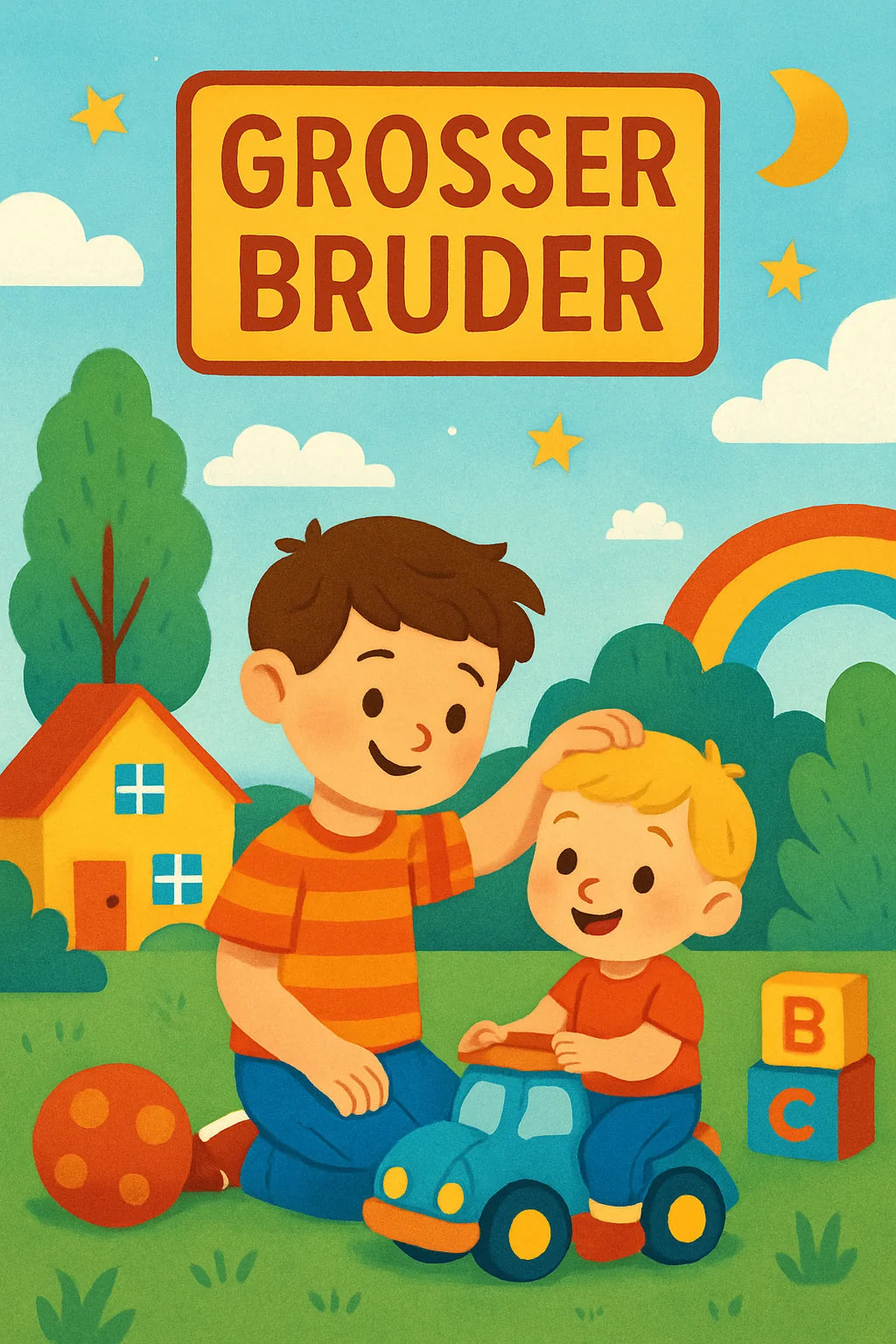 Stolzer großer Bruder malt mit Baby-Motiven, Herzen und Familien-Ausmalbildern