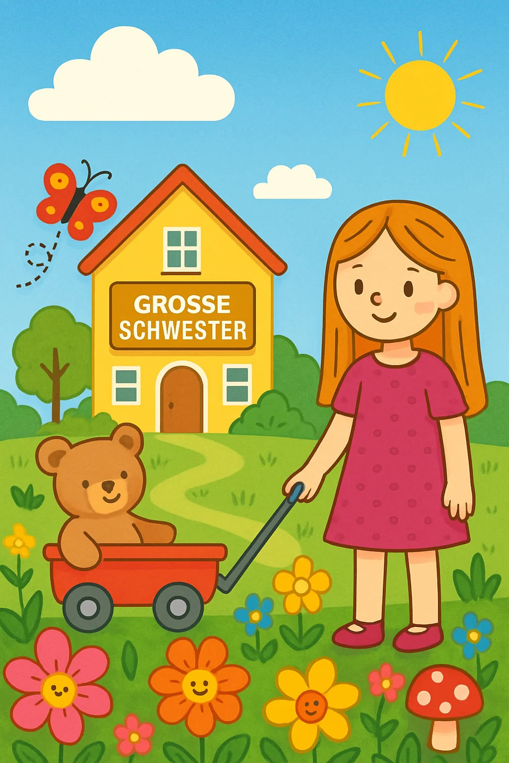 Mädchen malt liebevolle Große-Schwester-Ausmalbilder mit Baby, Herzmotiven und Buntstiften