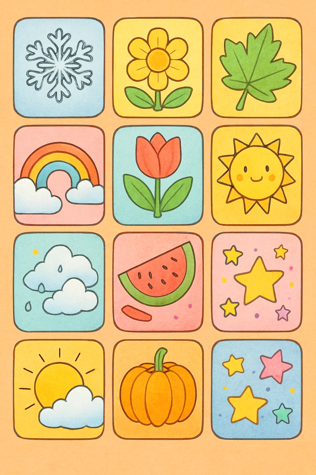 Bunte Kalender-Motive mit Jahreszeiten und niedlichen Symbolen für Kinder