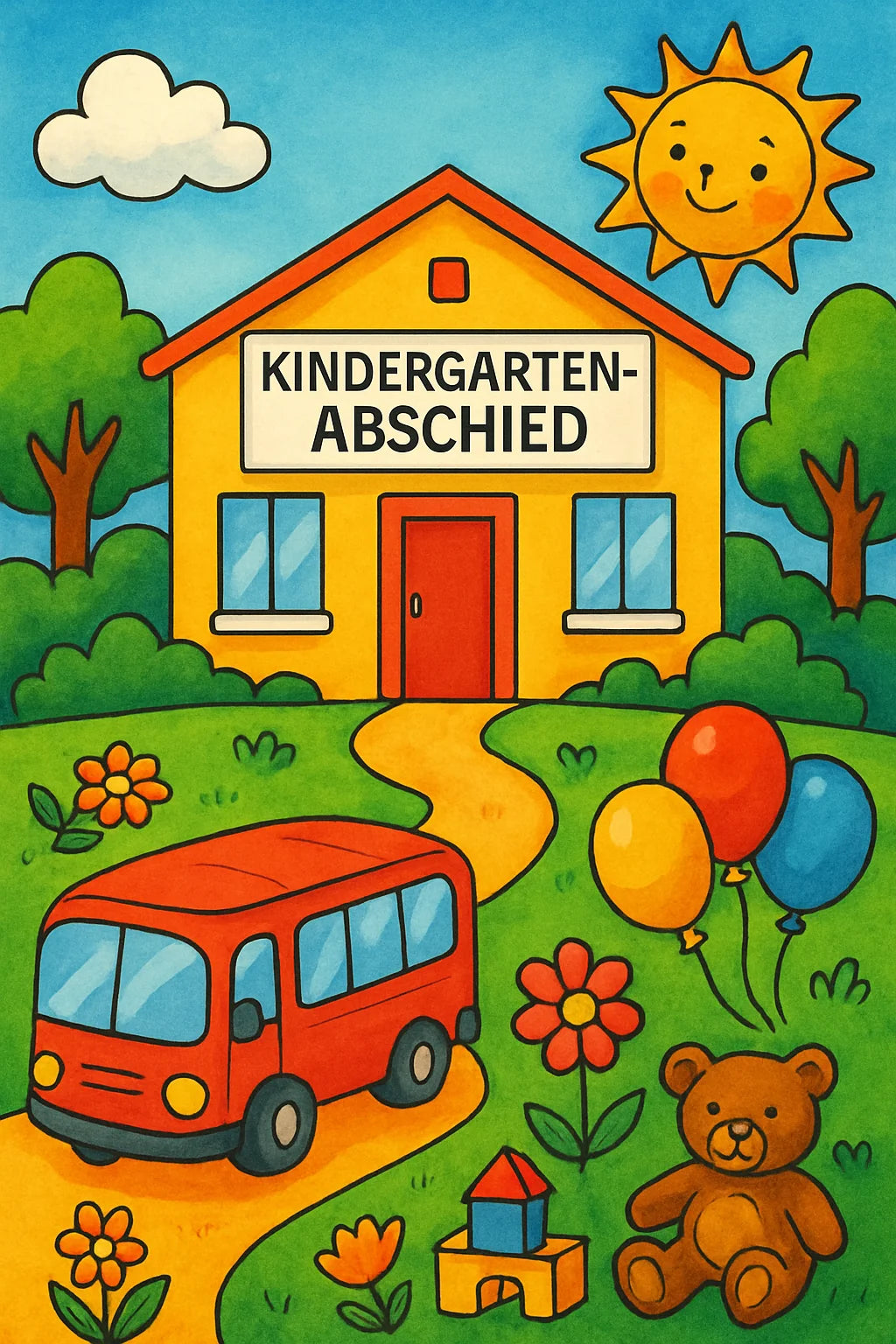 Kinder malen Abschiedsmotive mit Schultüte, Kita-Freunden und Danke-Karte zum Kindergarten-Abschied