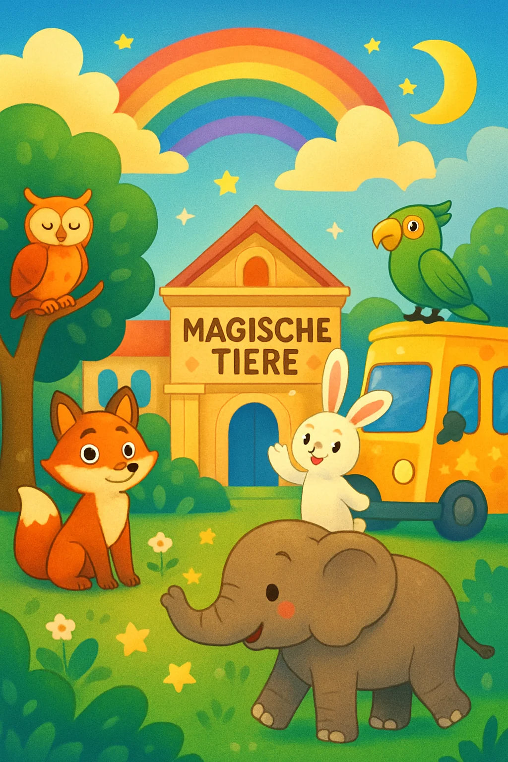 Einhorn, freundlicher Drache und weitere magische Tiere als Ausmalmotive mit Sternen und Regenbogen