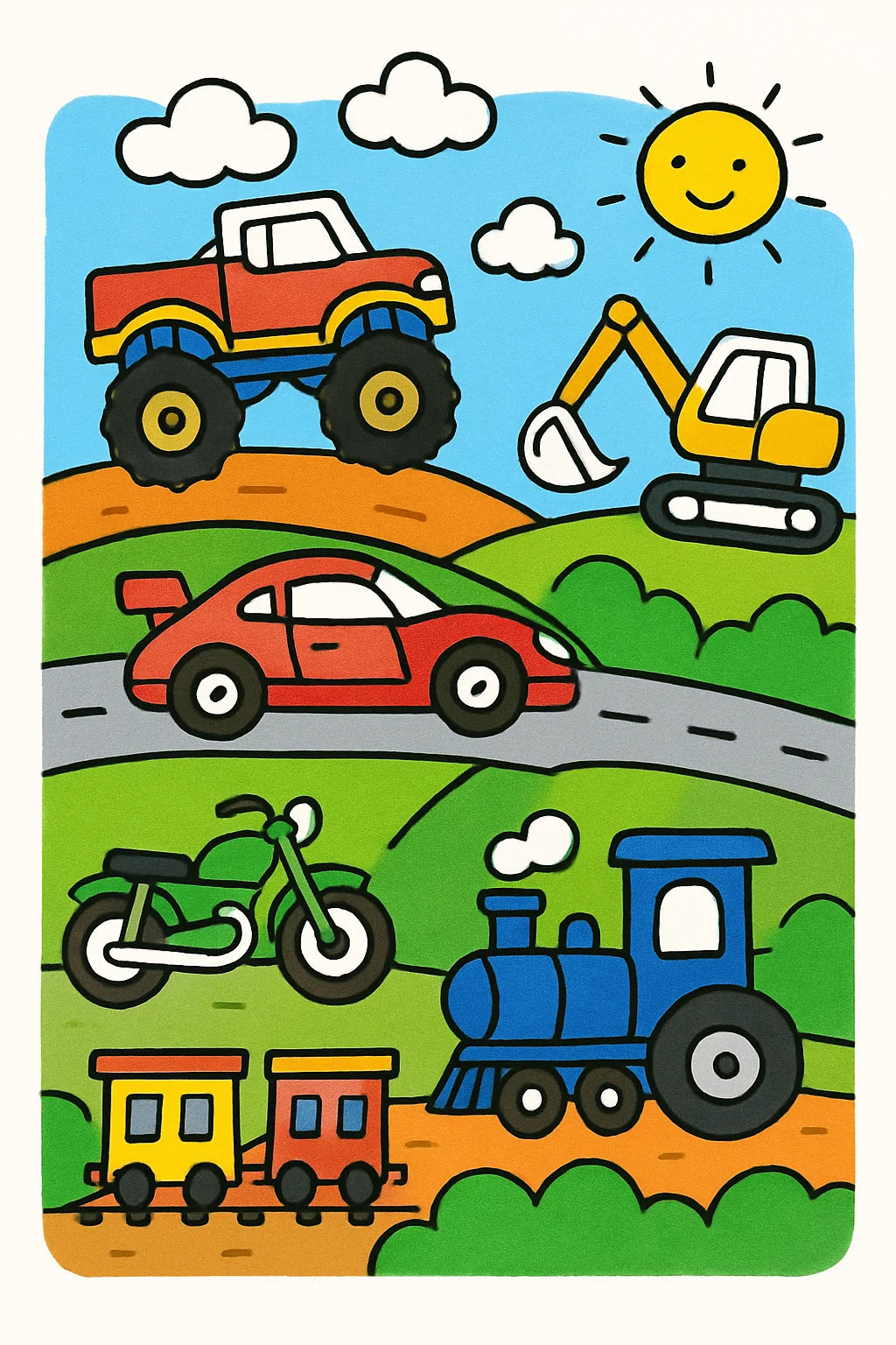 Ausmalbild mit Monster Truck, Rennwagen, Baufahrzeug, Motorrad, Zug und Traktor