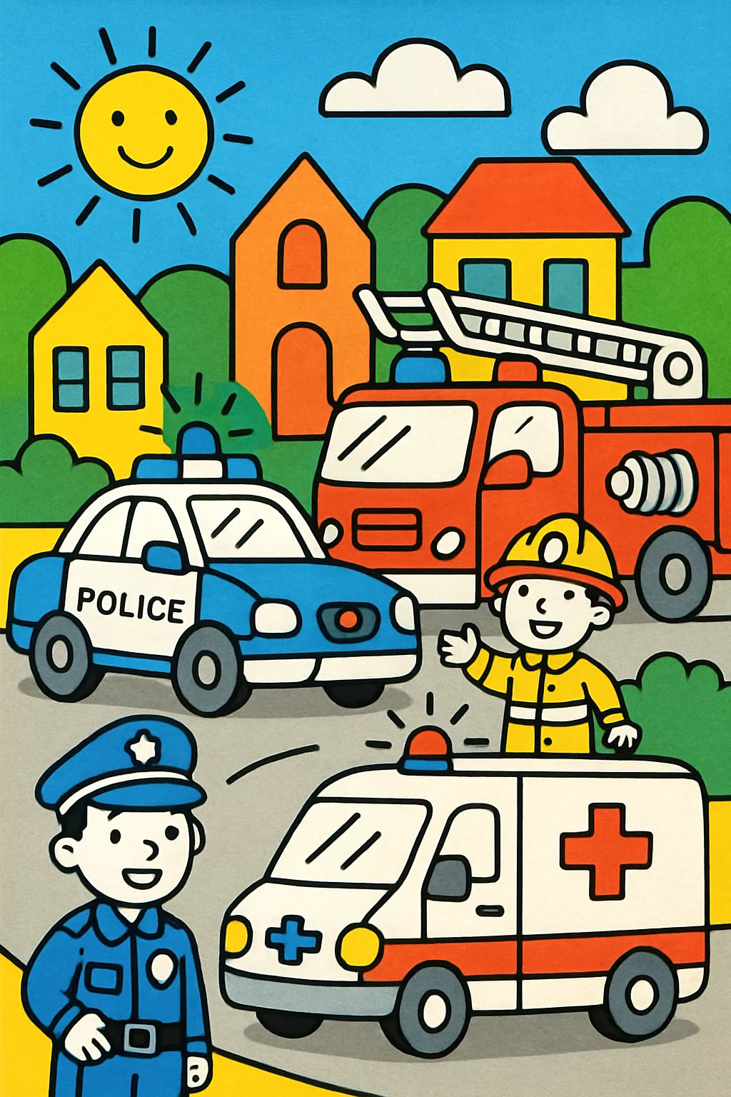 Kinderfreundliche Szene mit Polizei, Feuerwehr und Krankenwagen in einer fröhlichen Stadt