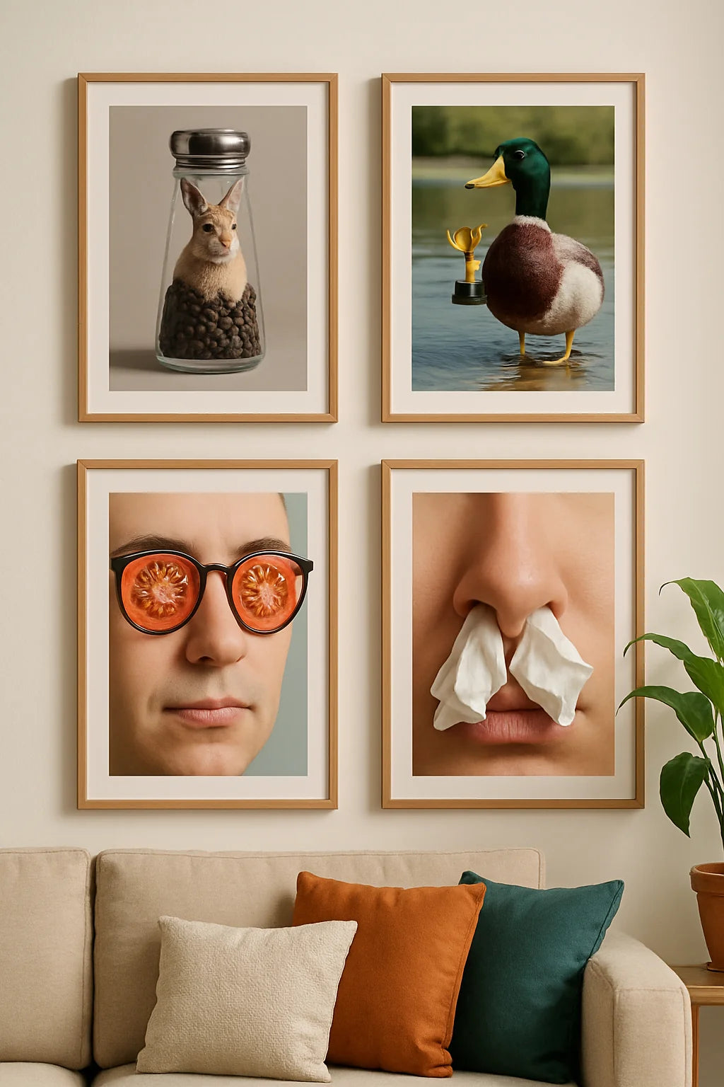 Spruchbilder – Bilderwand mit wörtlich bebilderten Redewendungen als fotorealistische Wandbilder