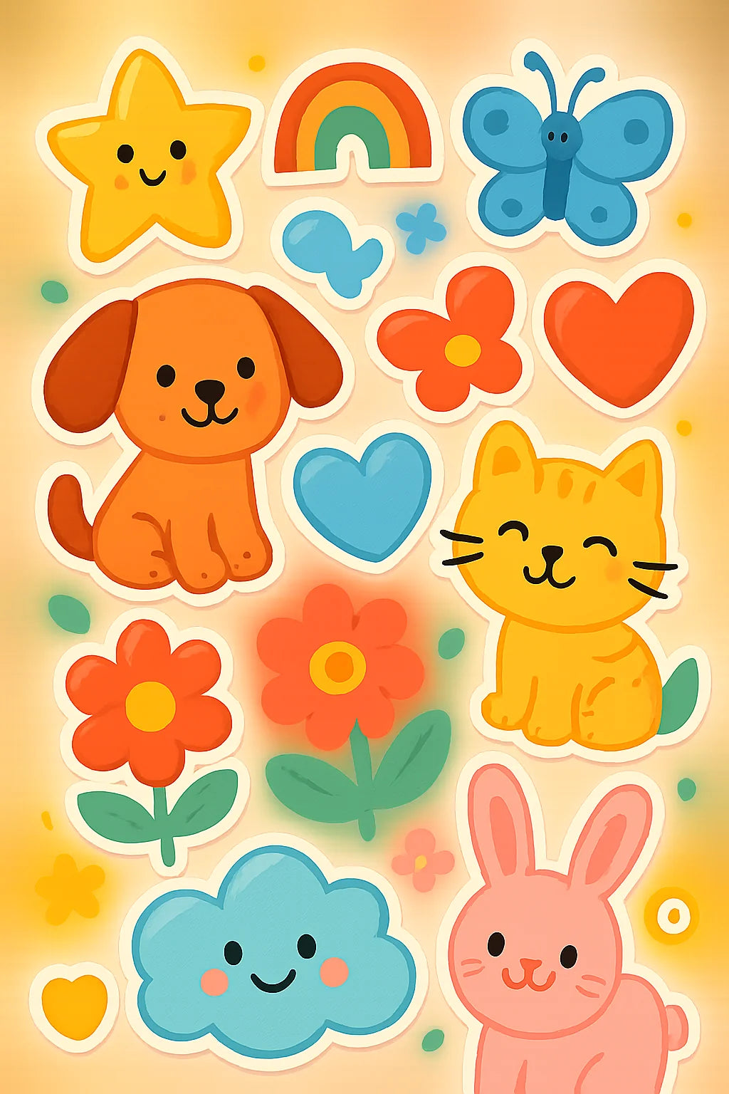 Bunte Kindersticker mit Tieren, Sternen, Herzen, Regenbogen und Blumen auf Pastellhintergrund