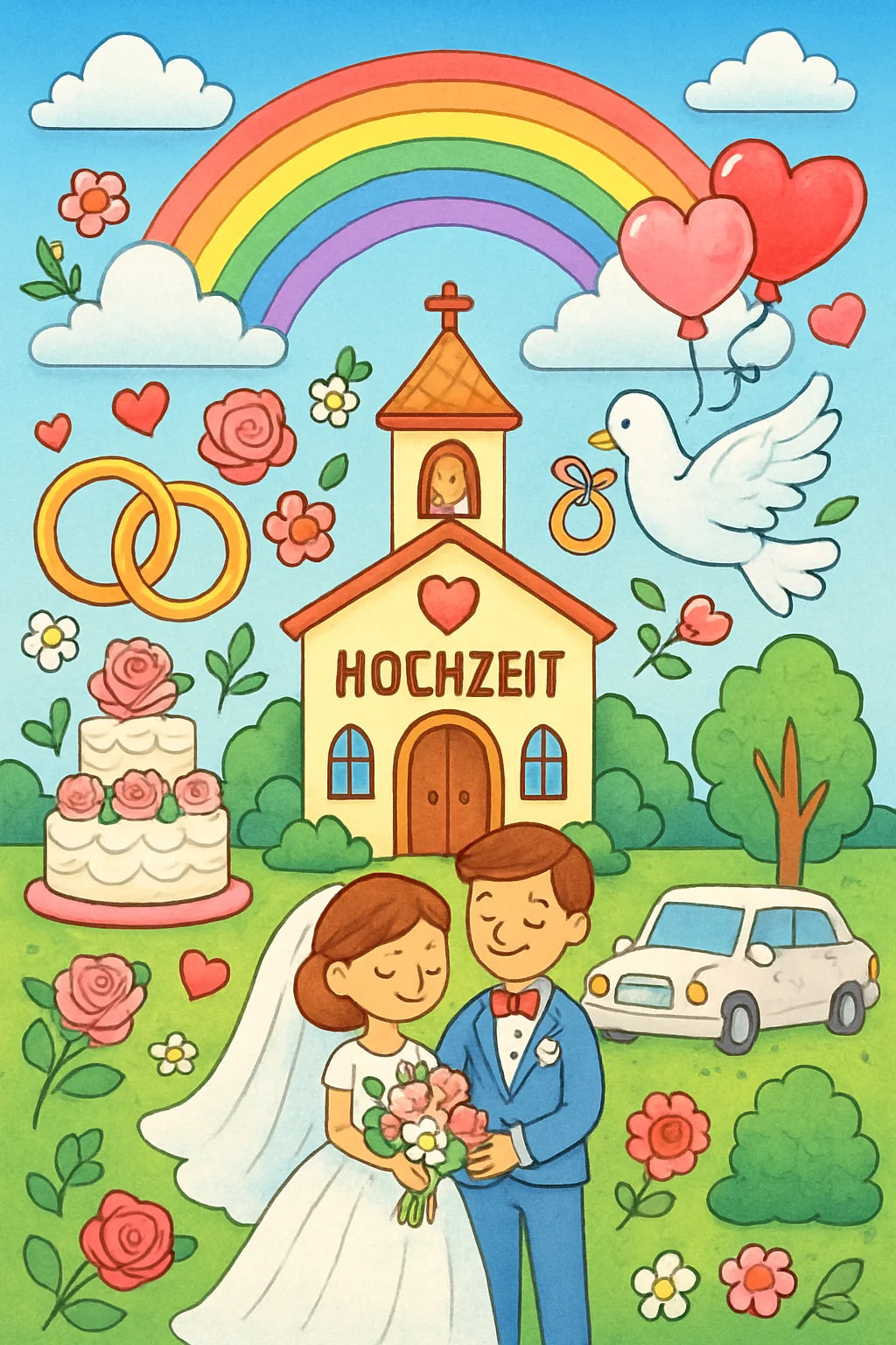 Kinder malen Hochzeitsmotive mit Brautpaar, Ringen, Blumen und Hochzeitstorte aus