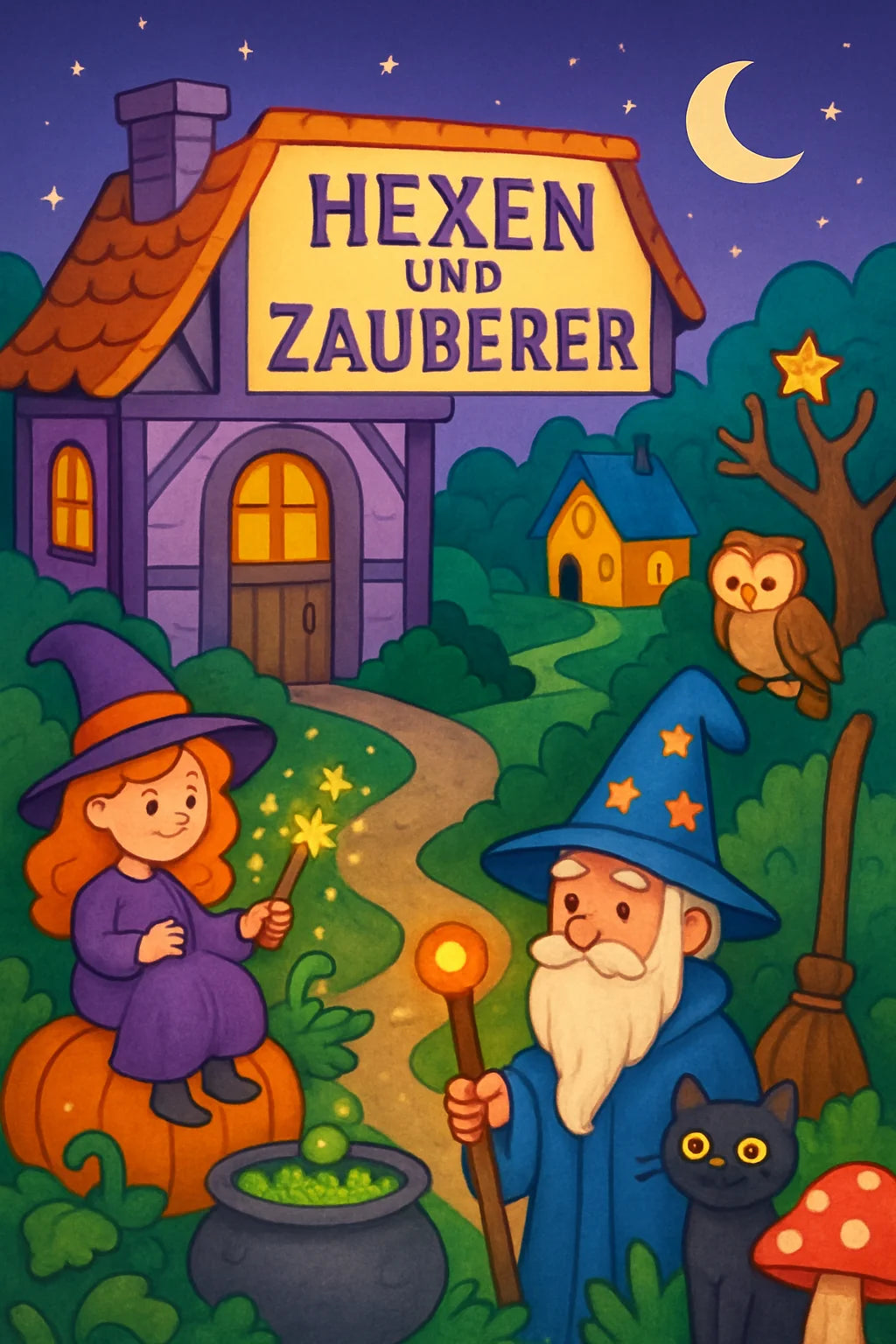 Kinderfreundliche Hexe und Zauberer mit Besen, Zauberstab, Sternen und magischem Schloss