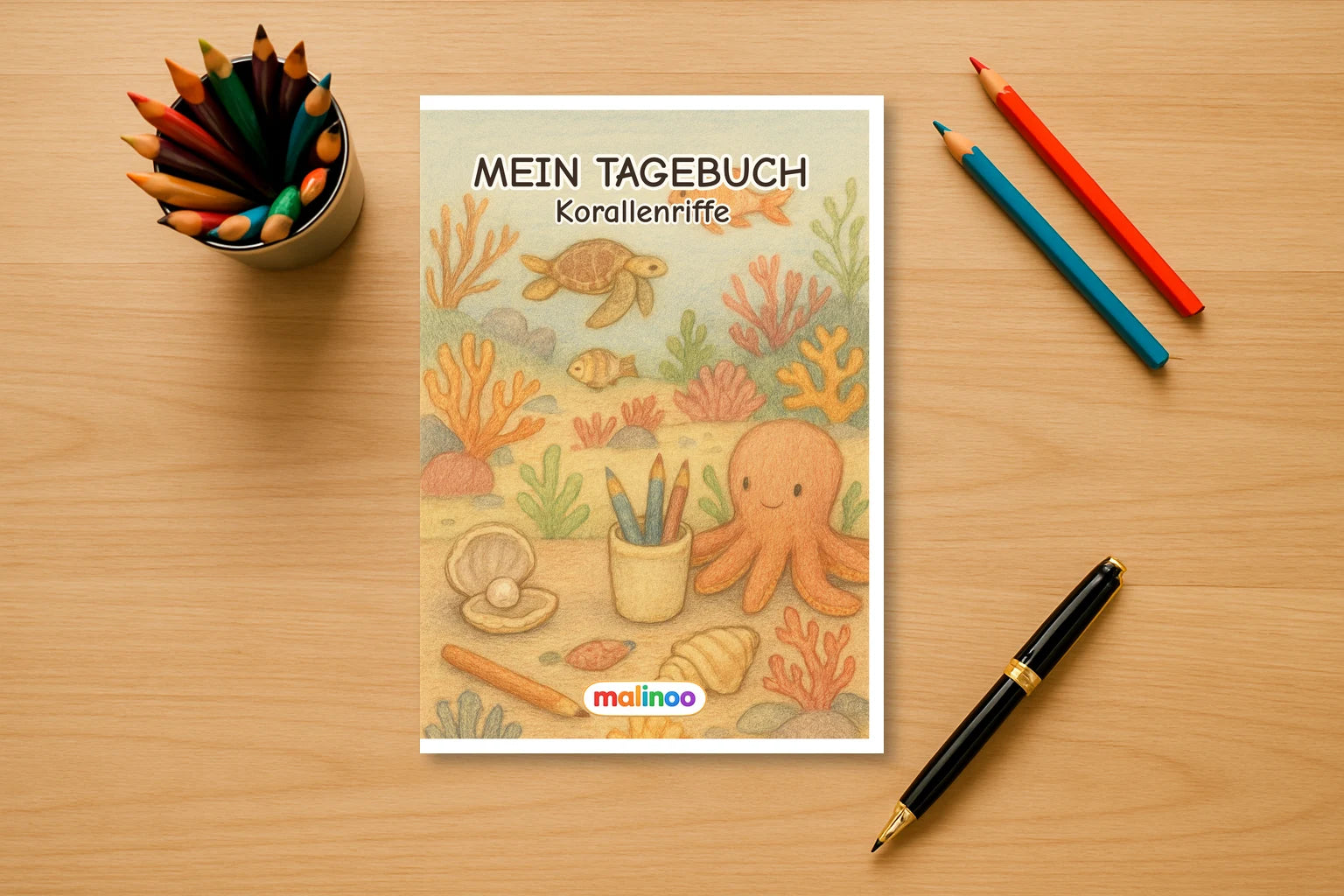 Tagebuch Coral Reefs Medium mockup schreibtisch coral reefs
