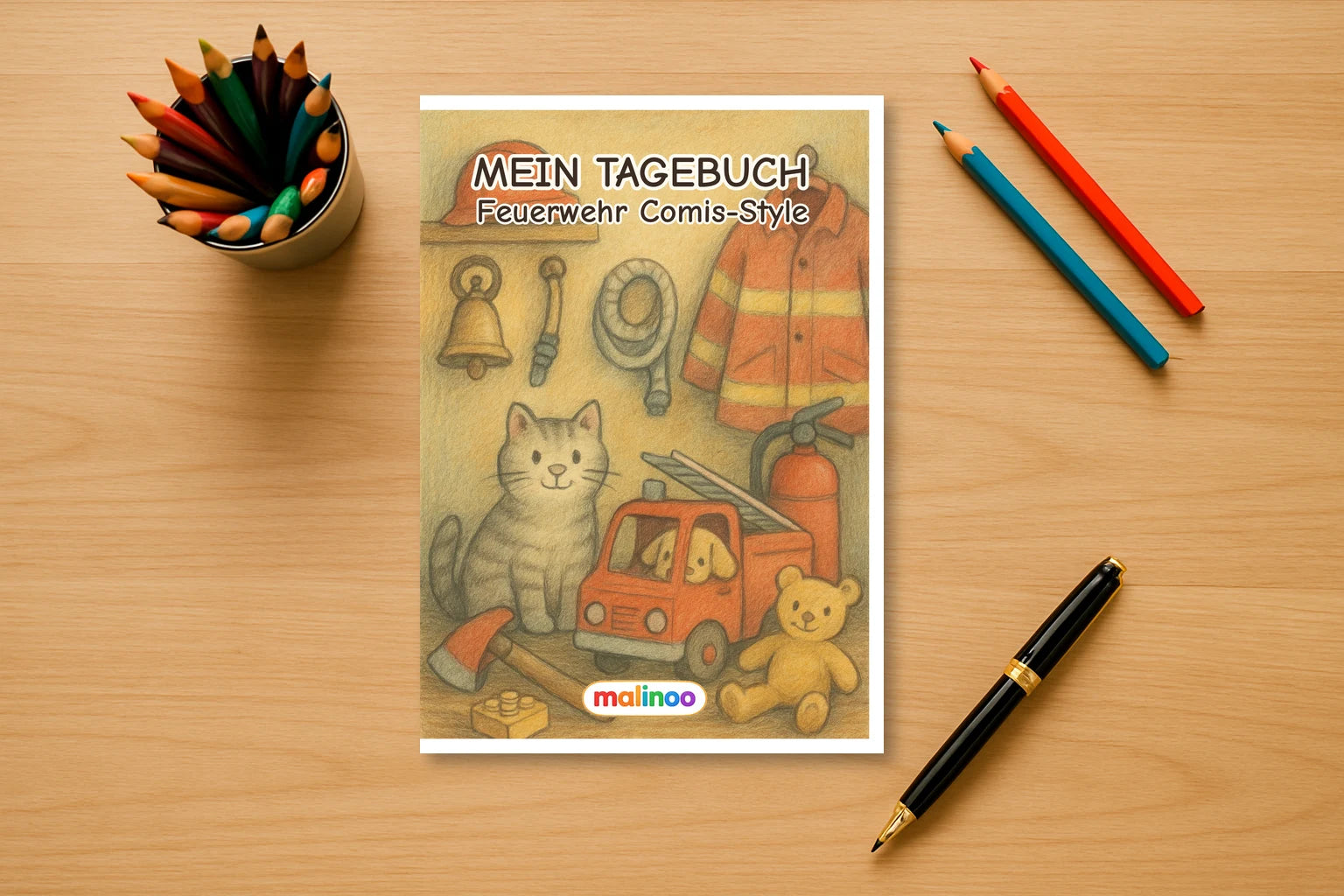 Tagebuch Firefighter Comic Style Activity Low mockup schreibtisch firefighter comic style activity