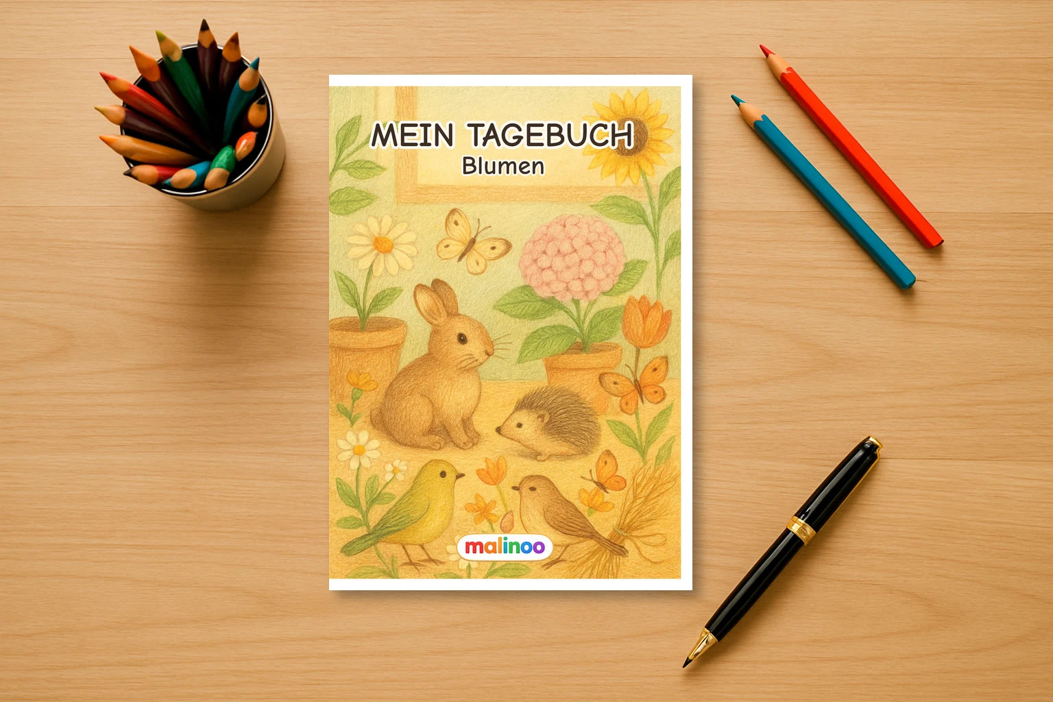 Tagebuch Flowers Medium mockup schreibtisch flowers