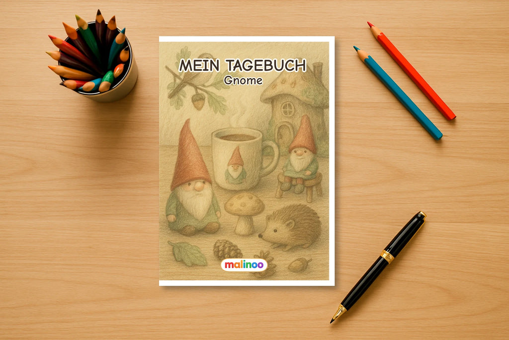 Tagebuch Gnomes Medium mockup schreibtisch gnomes