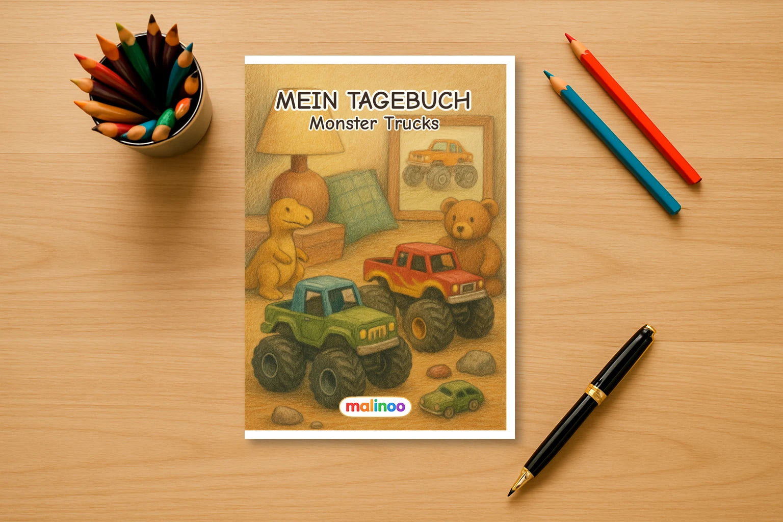 Tagebuch Monster Trucks Medium mockup schreibtisch monster trucks
