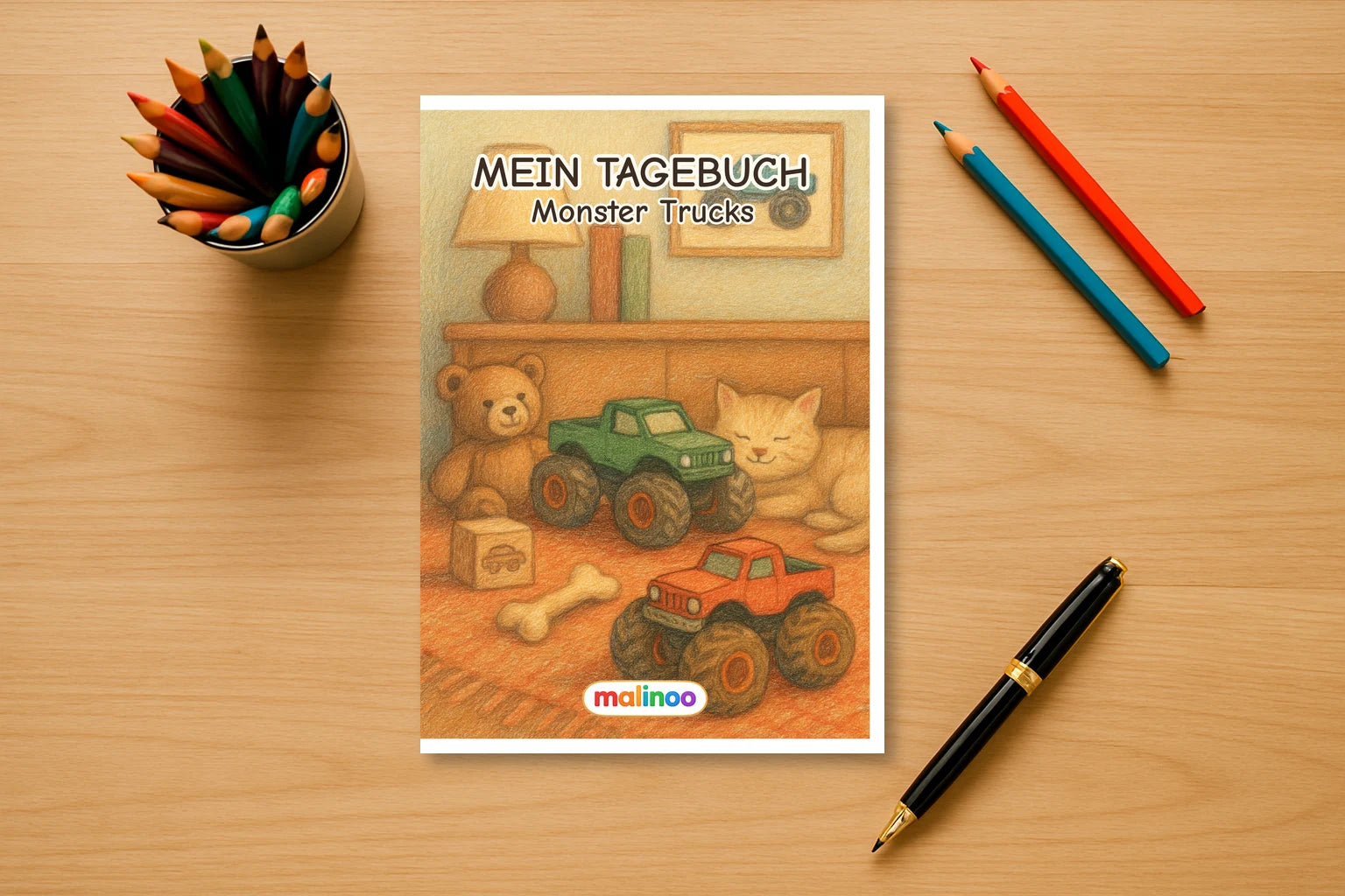 Tagebuch Monster Trucks Activity Medium mockup schreibtisch monster trucks activity