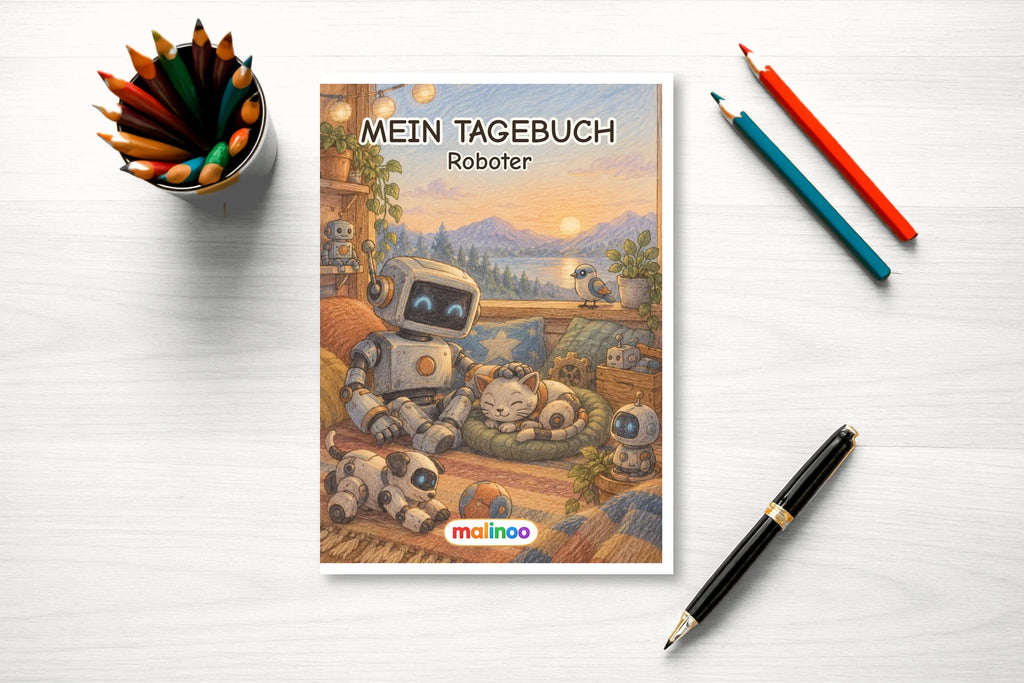 Tagebuch Robots Low mockup schreibtisch robots