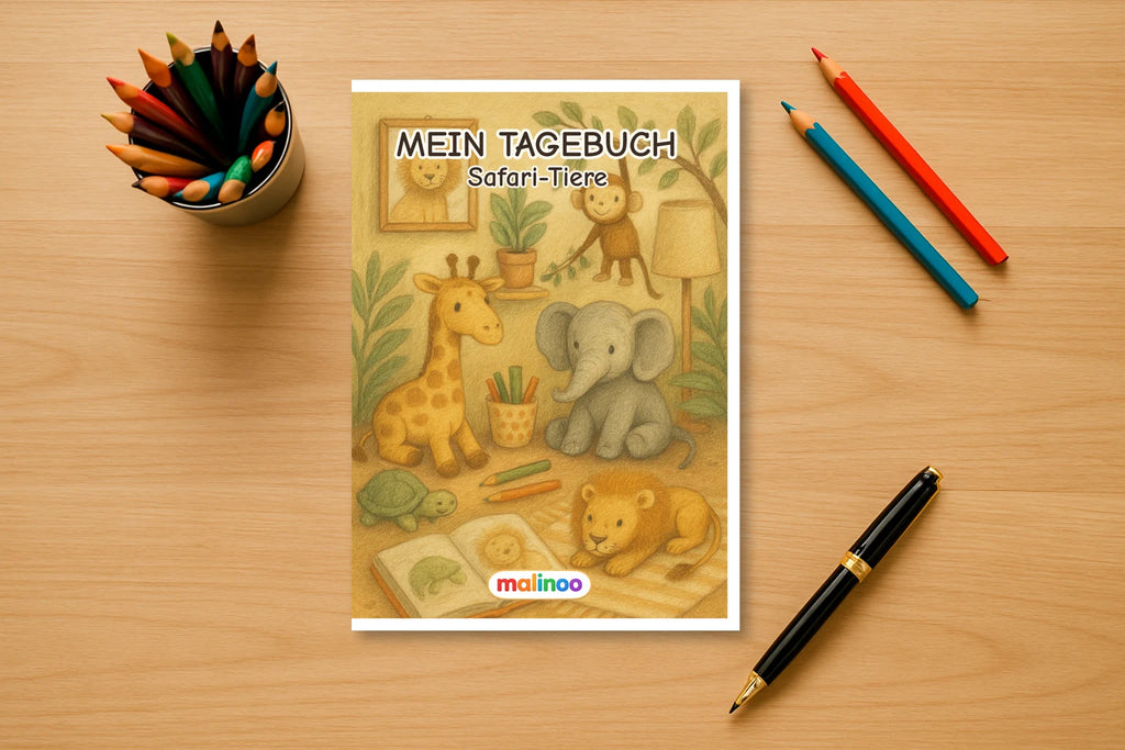 Tagebuch Safari Animals Activity Low mockup schreibtisch safari animals activity