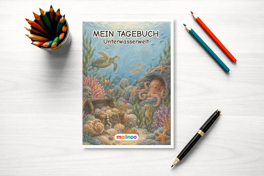 Tagebuch Underwater World Medium mockup schreibtisch underwater world
