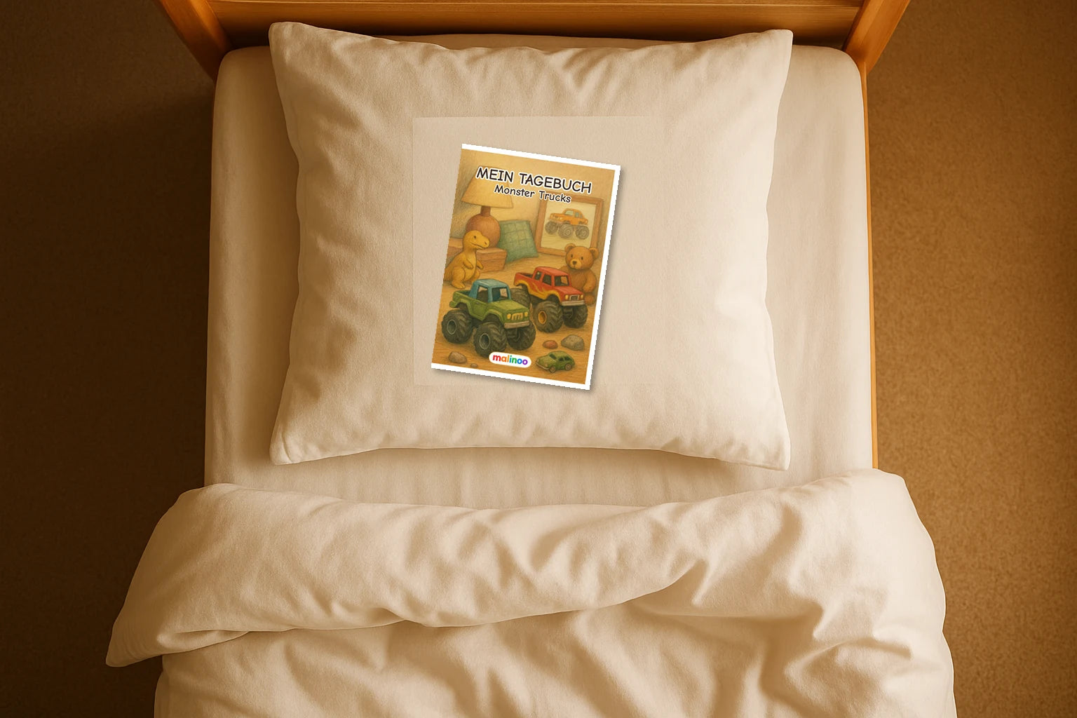 Tagebuch Monster Trucks Medium mockup bett monster trucks