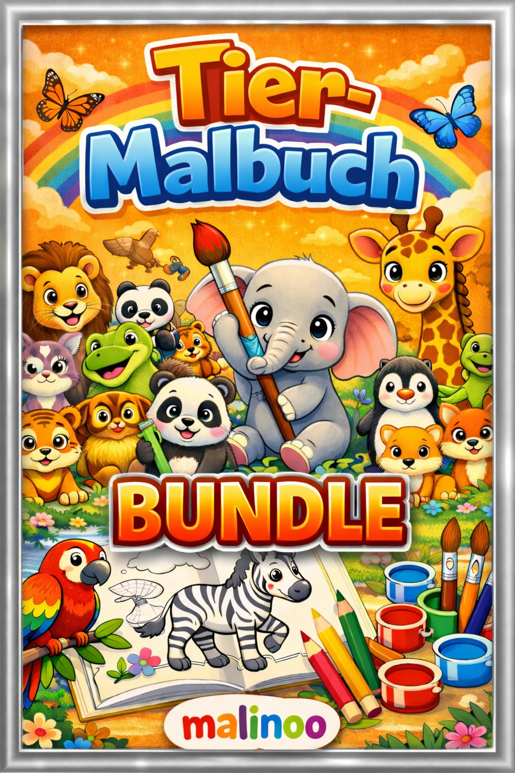 BUNDLE Tier Malbücher Kinder – 5 Malbücher mit je 20 Tiere zum Ausmalen, 100 Tiere, Malbücher ab 3 Jahre, Buch 1  bis 5, malinoo