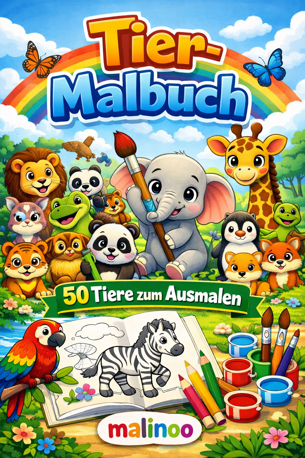 BUNDLE: Tier Malbücher Kinder – 2 Bücher mit je 50 Tiere zum Ausmalen, 100 Tiere, Malbuch ab 3 Jahre, Buch 1+2