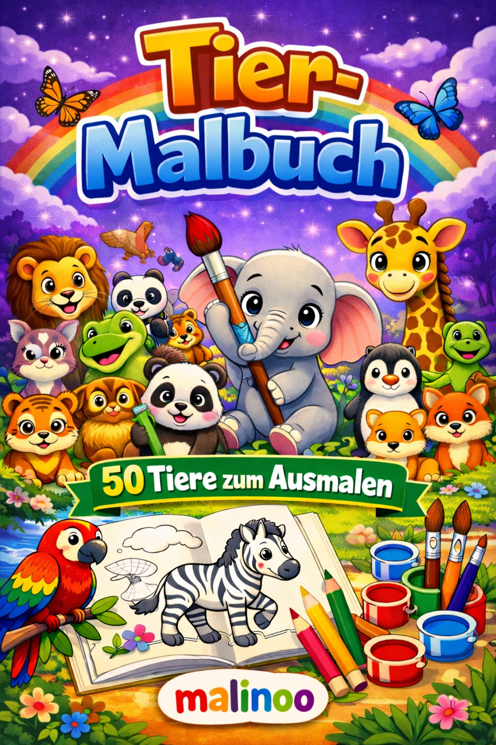BUNDLE: Tier Malbücher Kinder – 2 Bücher mit je 50 Tiere zum Ausmalen, 100 Tiere, Malbuch ab 3 Jahre, Buch 1+2